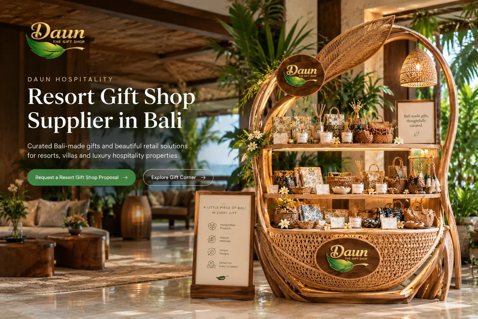 Resort gift shop environment with curated Bali-made products on display